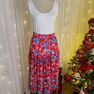Vibrant Floral Midi Skirt in Red and Blue